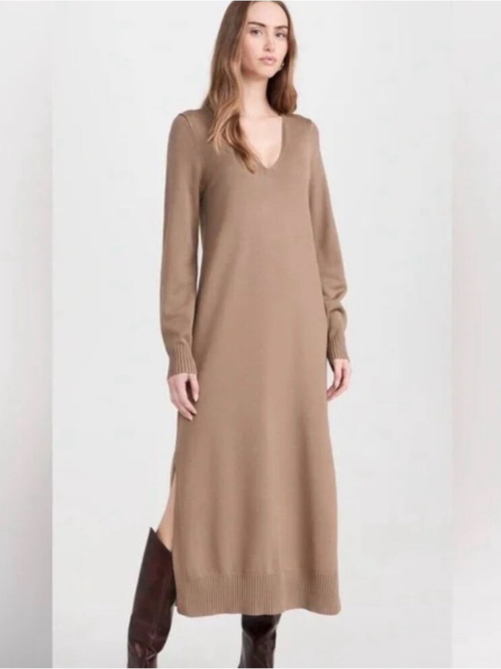 Splendid Women’s Small V-Neck Long Sleeve Midi Dress in Camel